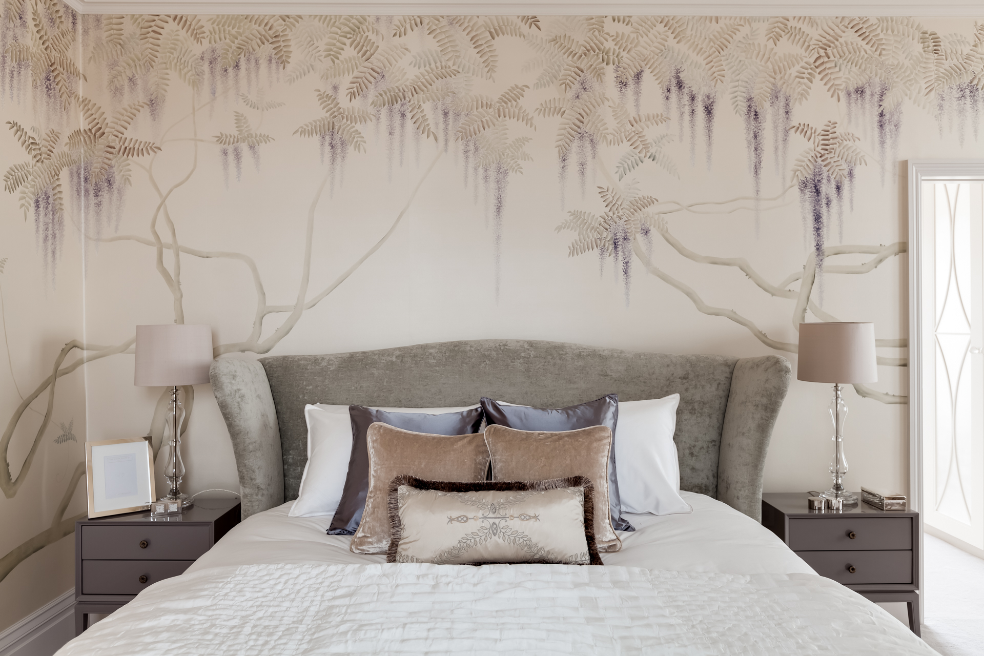 Master Bedroom in pink and lilac with De Gournay hand-painted wallpaper