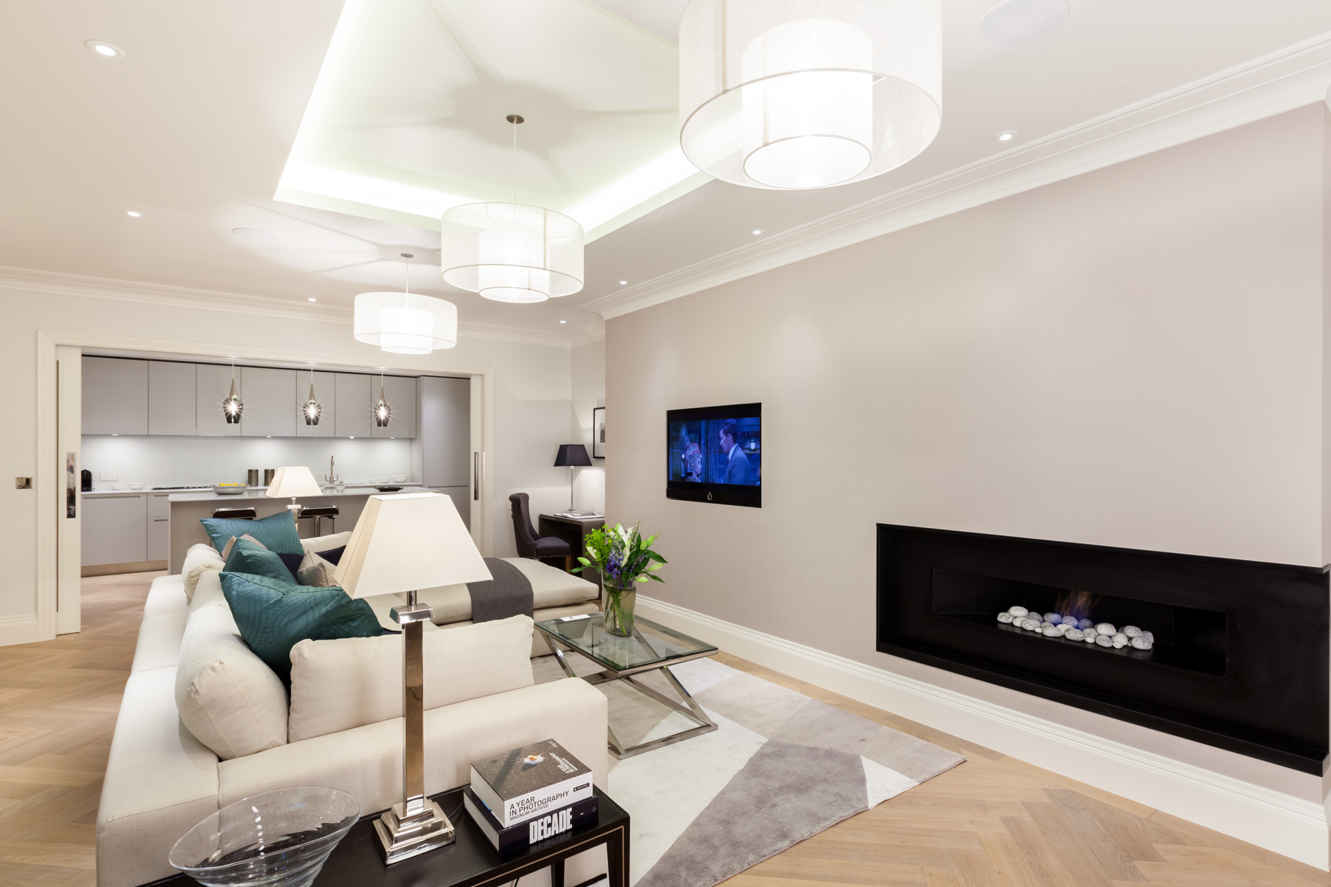 neutral contemporary living room with ribbon fire