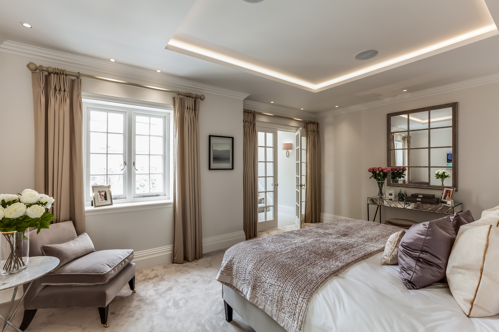 taupe and lilac bedroom with transitional furniture