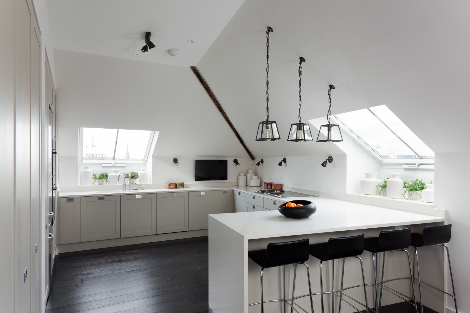 Contemporary monochromatic kitchen with pitched roof and large windows