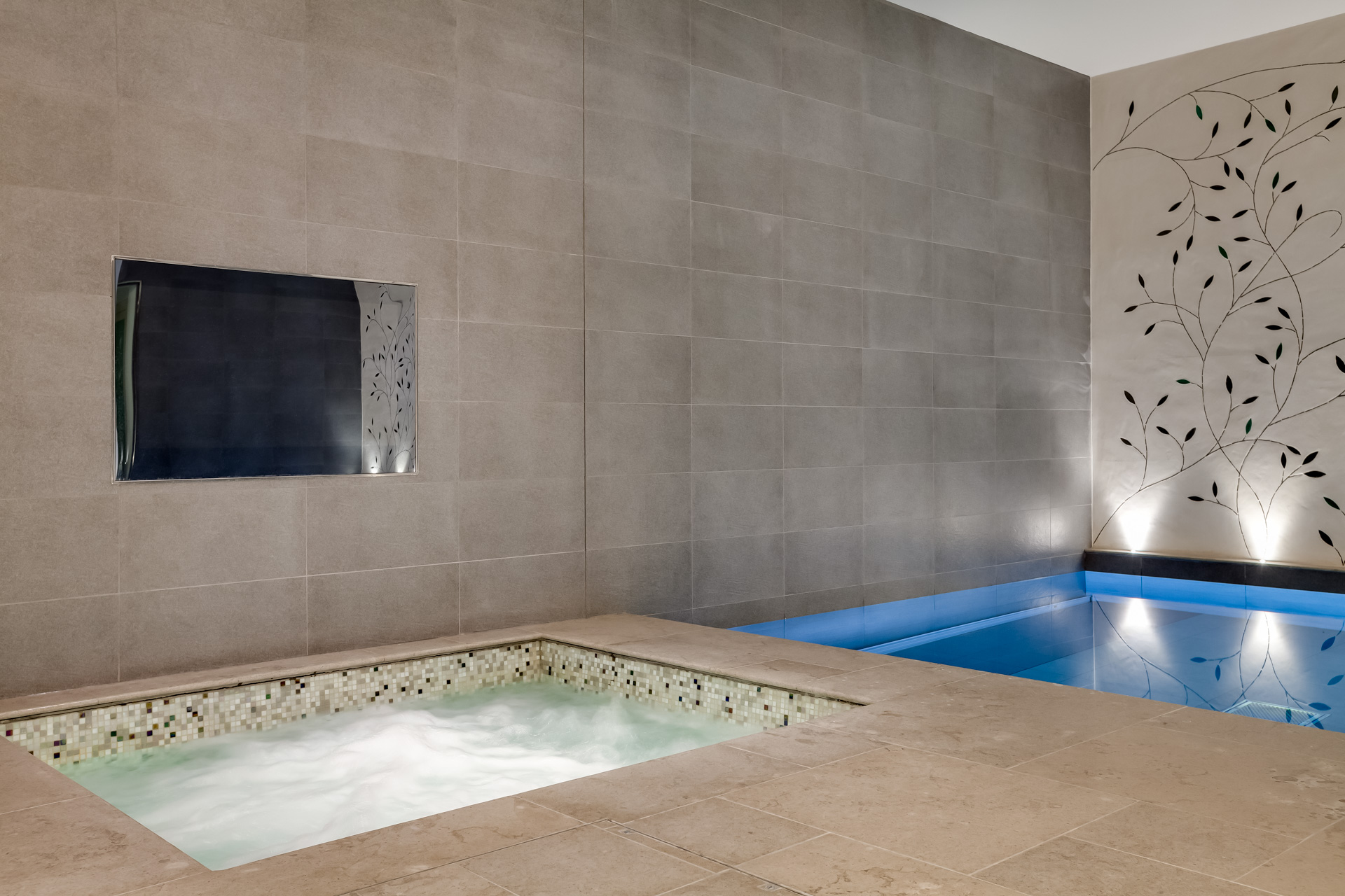 Luxury basement swimming pool and jacuzzi with tv