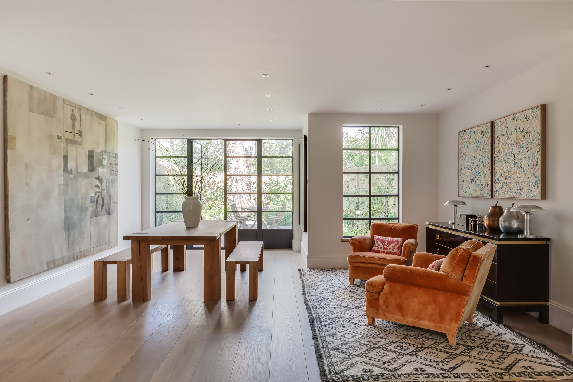 modern dining room with crittall style windows